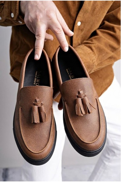 SLW153 Bloom Bağcıksız Püsküllü Cilt Erkek Günlük Spor Klasik Ayakkabı CST - Taba